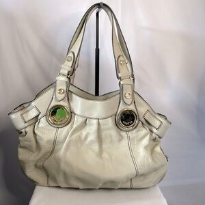 Gustto handbag cream with brown stitching and gold hardware multiple poc…